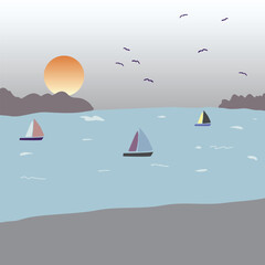 Naklejka premium Sunset Sailboats Flat Illustration Seascape