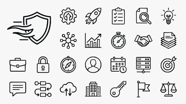 Dynamic Black and White Line Icons Set Featuring Business Technology and Productivity Symbols with high quality professional line art symbols for modern creative design and digital branding projects