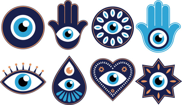 Collection of blue evil eye and hamsa hand symbols depicting mystical protection and good luck in a clean vector setting.