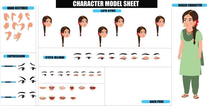 Indian Village Traditional Salwar Kameez Girl Sprite Sheet | Rigged 2D Character with Lip Sync, Walk Cycle, Eye Blink, Eyebrow Expressions, and Hand Sync | Ready-to-Use for Animation