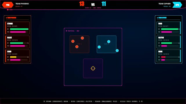 A vibrant futuristic broadcast data overlay showcases real time player stats and tactical map movements during a competitive online gaming tournament in high resolution.