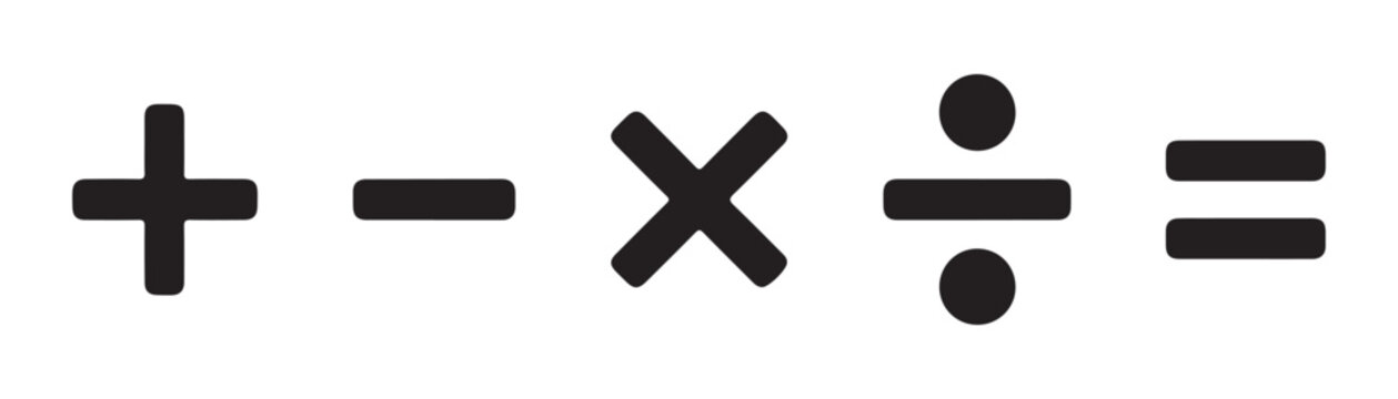 Essential set of mathematical operator icons including plus minus multiply divide and equality signs.