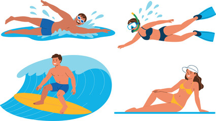Happy people enjoying energetic summer water activities like swimming, surfing, and snorkeling under bright sunny beach lighting. © MdNasir