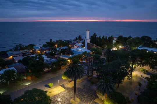 Aerial view of the old city of Colonia, Uruguay, South America at night.