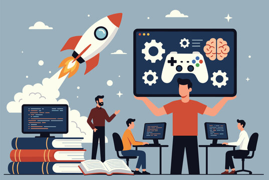 Team of software developers collaborating on a rocket launch project and a video game application on their computers.