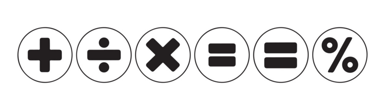Mathematical operation symbols in circular frames set for basic arithmetic calculations in education.