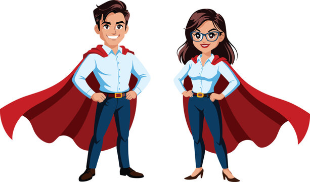 Business superhero man and woman vector illustration characters wearing red capes standing confidently isolated on white background