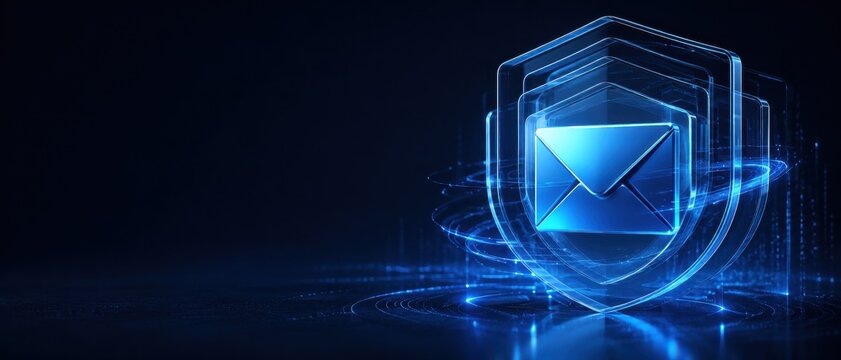 futuristic email icon within a digital security shield concept