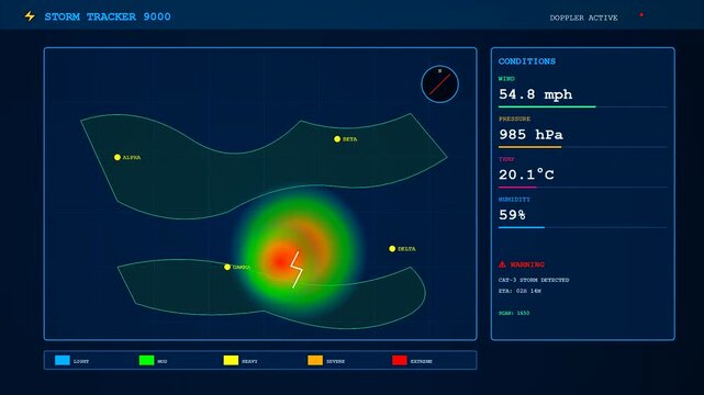 This digital broadcast data overlay displays real time weather patterns and storm tracking telemetry with changing temperature and wind speed for a television news program.