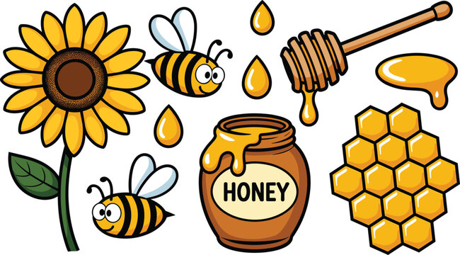 Cute cartoon honey bee vector illustration set featuring happy flying bees honey pot dipper honeycomb and big sunflower isolated on white background