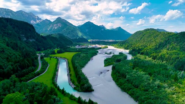 View of the river Lech, a river in Austria and Germany, Europe