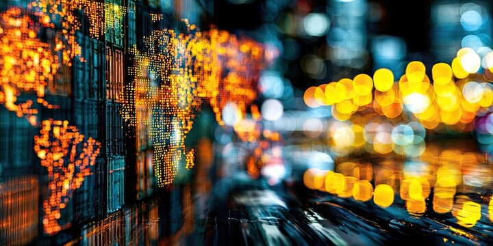 Glowing world map overlayed on a blurred, bokeh-lit urban nightscape
