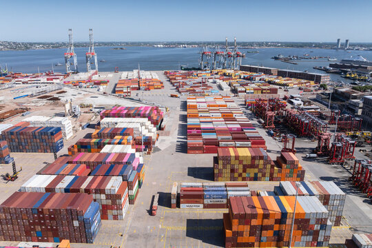 Aerial view of the container logistics port in Montevideo, Uruguay