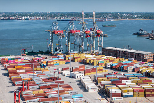 Aerial view of the container logistics port in Montevideo, Uruguay