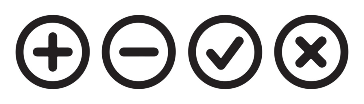 Graphic design set of circle buttons containing plus minus check mark and cross cancel symbols vector.