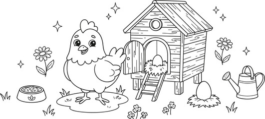 Cute Hen and Chicken Coop Vector Illustration Set with Eggs, Watering Can, Flower, and Feeder for Kids Coloring Page © Md shain