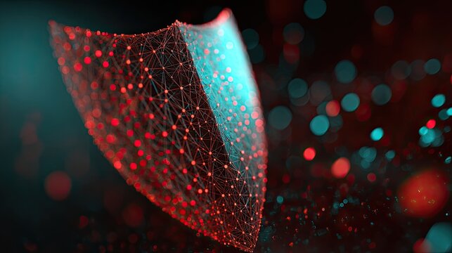 Abstract digital shield formed by glowing red nodes and lines