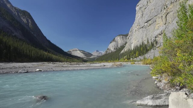 Scenic view of the Athabasca River along the Icefields Parkway in the Canadian Rockies. Alberta, Canada.