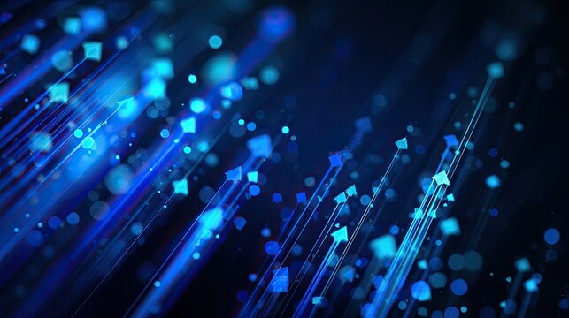 Abstract digital particles and light streaks ascend against a dark blue background
