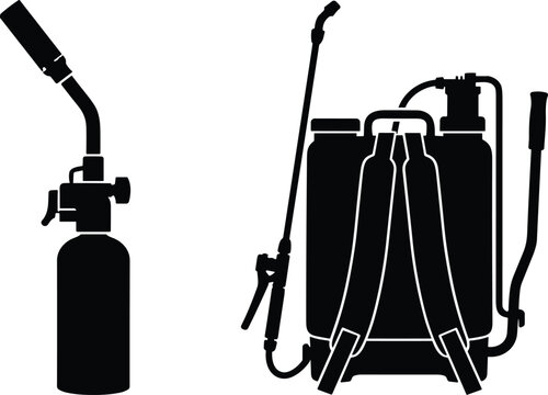 Agricultural and gardening equipment silhouettes featuring portable gas blowtorch weed burner and backpack pressure sprayer icons