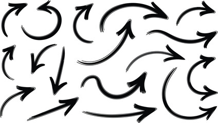 Obraz premium Black hand drawn brush stroke arrow vector illustration set with curved doodle pointer shapes isolated on white background