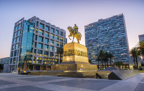 Night view of the architecture of Independence Square in Montevideo, Uruguay