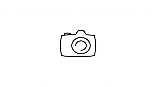 Minimalist outline animation of modern digital mirrorless compact photography camera icon drawing on and fading out. Features a clean pop up style in 3 color setups.