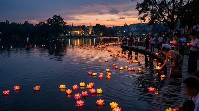 People release glowing lotus lanterns onto a calm lake during a traditional festival