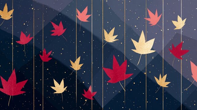 Japanese modern autumn background with maple leaves and gold lin