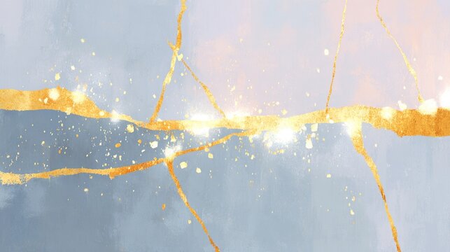 Golden crack lines on blue gray and peach, kintsugi inspired abs