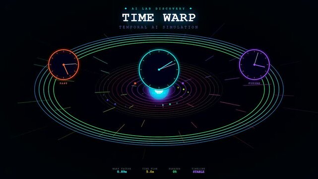 An innovative Ai Lab Discovery simulation shows glowing digital clocks and orbital light rings manifesting complex temporal shifts within a futuristic dark virtual space for analysis