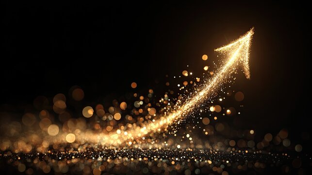 Glowing golden arrow of light particles ascending against a dark bokeh background
