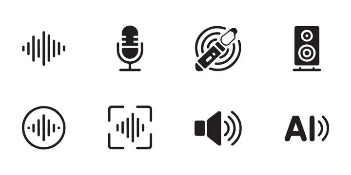 Audio visualization and voice recording icons collection featuring microphone sound wave and speaker.