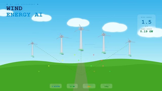 An innovative Ai Lab Discovery digital interface presents real time data visualization of wind farm efficiency and power output metrics for sustainable renewable energy management systems today