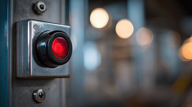 Close-up of a glowing red button on a metallic surface with blurred background lights
