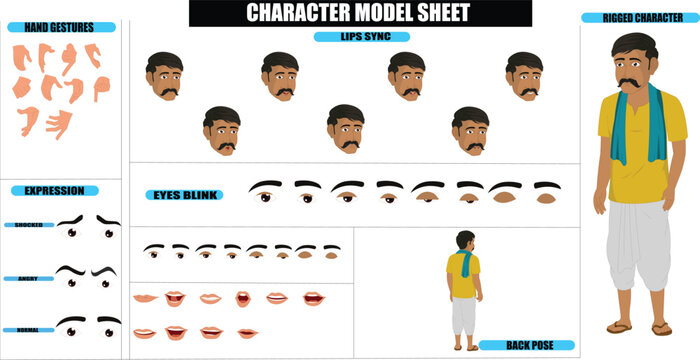 Indian Village Middle Aged Farmer Sprite Sheet | Rigged 2D Character with Lip Sync, Walk Cycle, Eye Blink, Eyebrow Expressions, and Hand Sync | Ready-to-Use for Animation