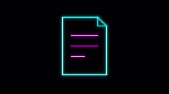Neon glowing document icon animation on black background.