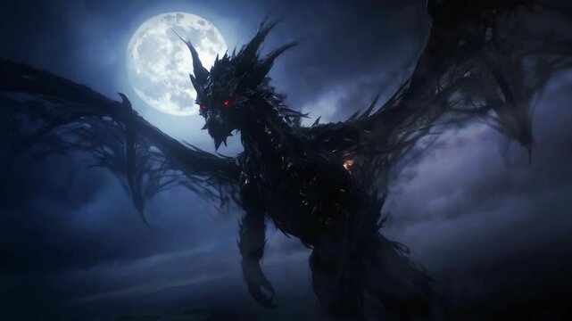 Dark Mythical Dragon Creature Soaring Through a Stormy Night Sky Cinematic Fantasy Art
