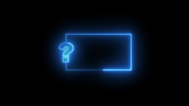 Question mark neon sign light on black background. Quiz trivia game competition. blue neon question mark frame for quizzes and FAQs. Game announcement neon message. Answer question, mark neon sign