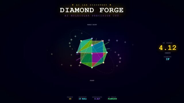 A cinematic Ai Lab Discovery visualization displays abstract geometric diamond structures transforming in space while complex data metrics and statistical values cycle through a digital interface