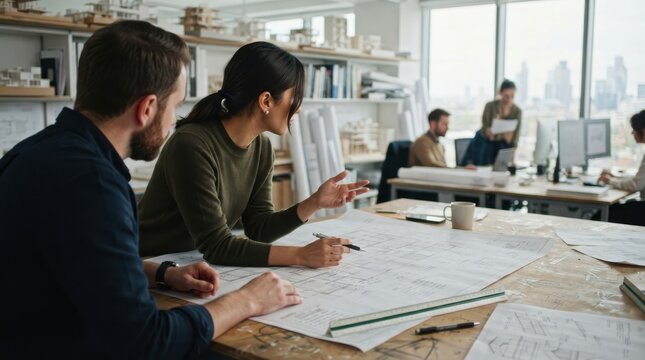 Architects discussing building blueprints and construction plans at a large wooden table in a bright studio with architectural models and city skyline visible outside.