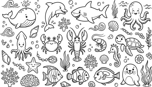 Cute sea animals coloring book page set with ocean life line art vector