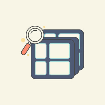 Magnifying glass over stacked layout grids for photo editing or graphic design