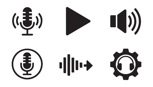Set of audio control icons including microphone play button speaker sound waves and gear with headset.
