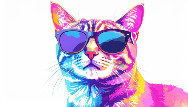 Modern pop art cat with dark sunglasses on a white background