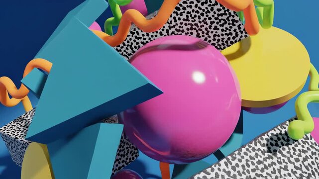 memphis style 3d abstract shapes in a retro 80s geometric composition with colorful vaporwave elements
