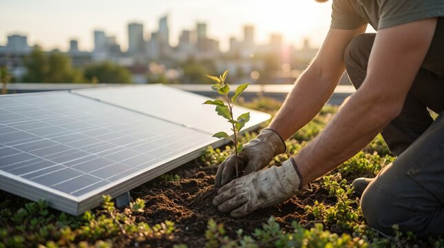 Man planting a sapling on green roof next to solar panels, sustainable urban gardening concept, renewable energy and ecology, environmental protection, city skyline background