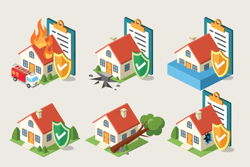 Fototapeta premium Comprehensive set of isometric house icons illustrating various home insurance scenarios like fire, flood, theft, and protection from disasters.