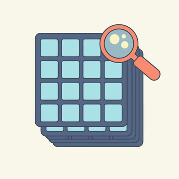 Stack of image grids viewed through a magnifying glass representing photo analysis and review