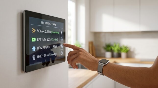 Person adjusting live energy flow settings on kitchen wall smart display showing solar generation, battery charging level and home usage statistics